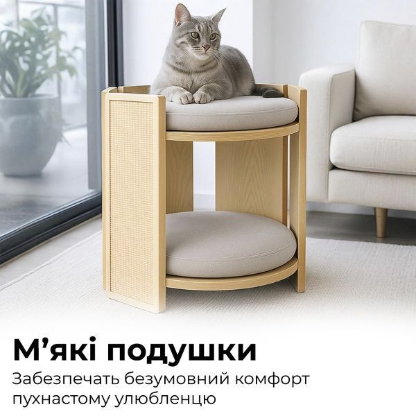 Домик для кота с подушками, когтеточкой и игрушкой. Двухъярусная лежанка для кошек из дерева и сизаля CO-CS0245 фото
